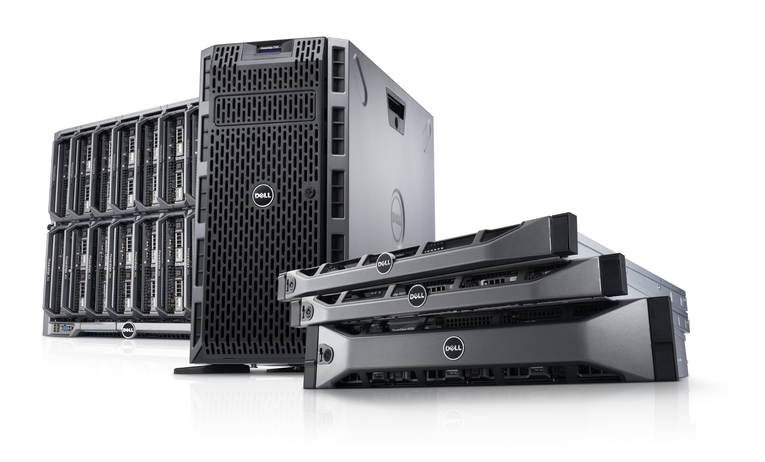 PowerEdge 12G Server Family Dell PowerEdge 12G family image, featuring PowerEdge M520 blade servers in a PowerEdge M1000e modular blade enclosure, a PowerEdge T320 tower server, and PowerEdge R320, R420, and R520 rack servers.